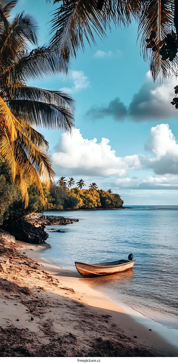 Calm Water and a Small Boat on a Tropical Island Beach
