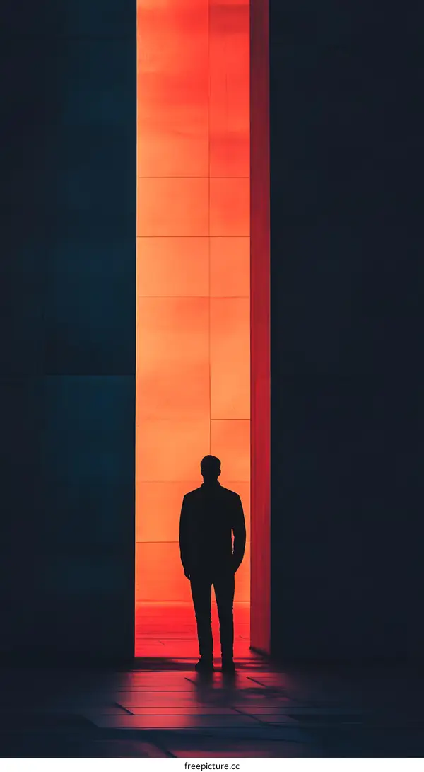 Silhouette of a Man Standing in a Doorway with a Red Light