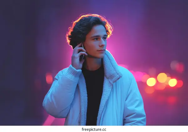 Stylish Teenager Talking on Phone in Neon Light
