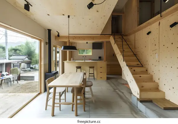 Modern Minimalist Home Interior Design with Wooden Walls and Stairs
