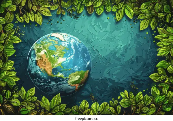 Illustration of Earth surrounded by lush green leaves and vines.