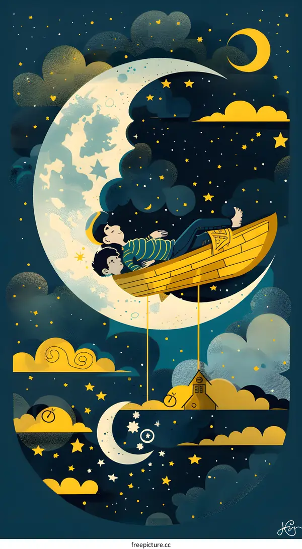 Two People Sleeping on a Crescent Moon Boat in Night Sky Illustration