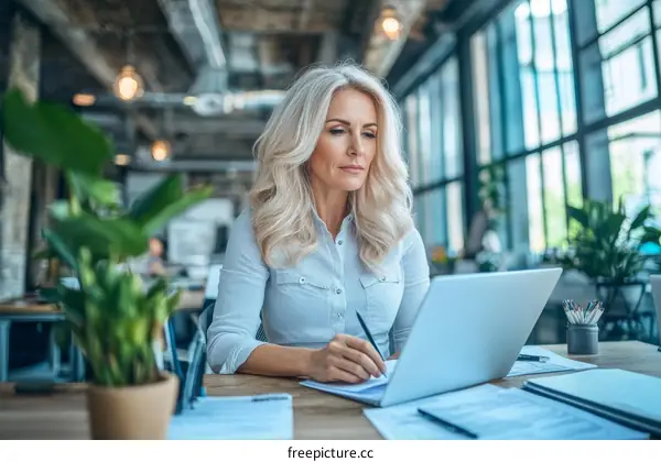 Focused Businesswoman Working on Laptop in Modern Office