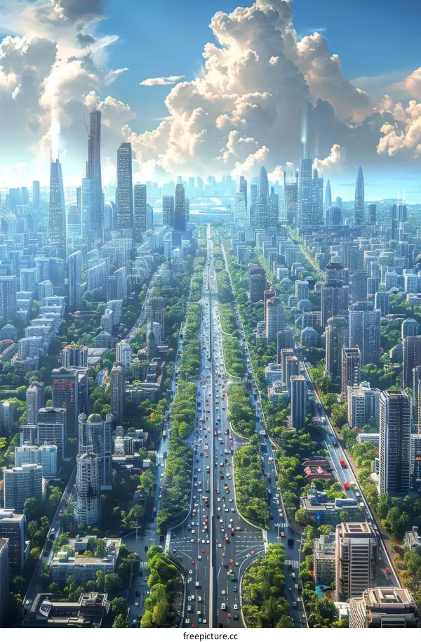 Hustling and Bustling Big City Metropolis with a Wide Boulevard and Modern Skyscrapers