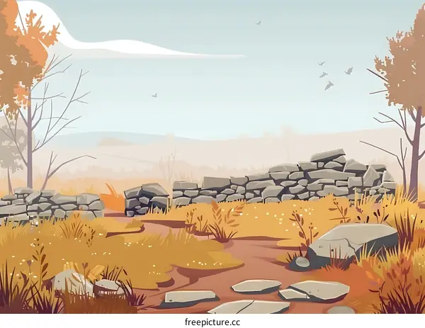 Autumn Landscape With Stone Wall And Grass