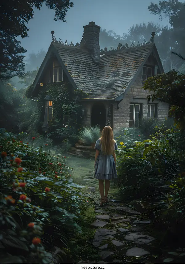 girl in front of a cottage in the woods