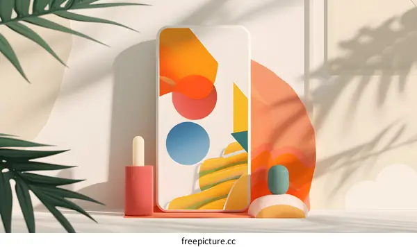Abstract Phone Mockup with Colorful Shapes and Palm Leaves
