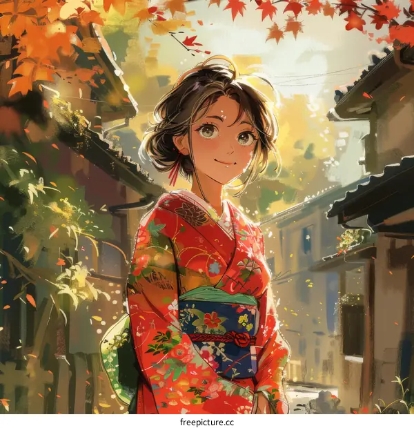 An illustration of a young woman wearing a kimono