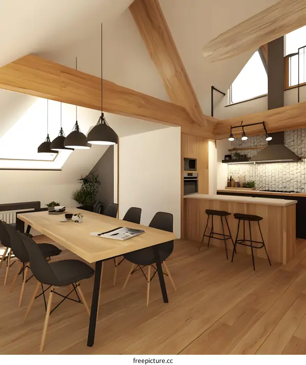 Modern Minimalist Kitchen Dining Room Design with Wooden Beams