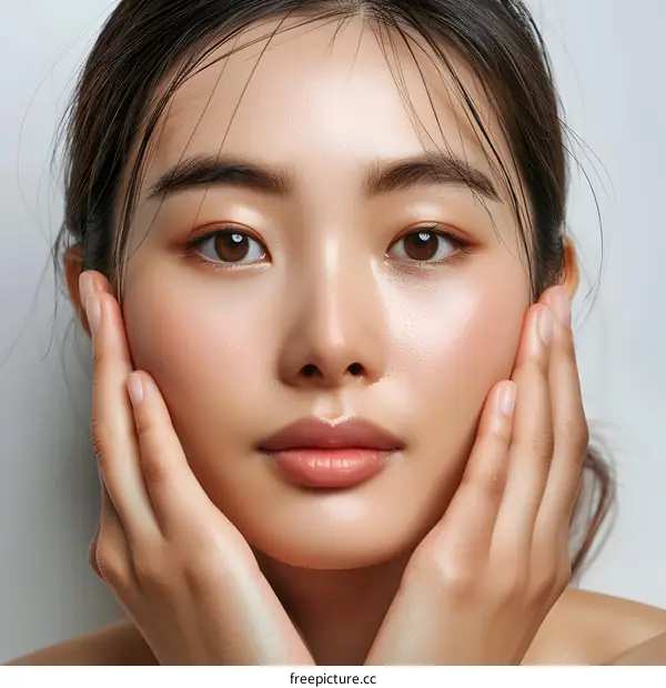 Beautiful Asian Woman with Clear Skin Holding Her Face