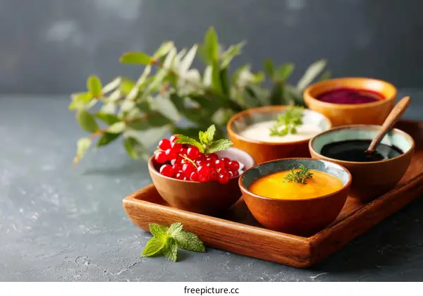 Colorful Dips and Garnishes on a Wooden Tray