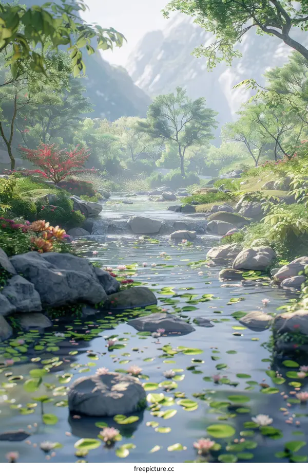 Small River Flowing among Rocks in a Valley