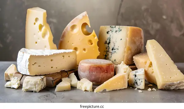 Assortment of Different Types of Cheese on a Wooden Board