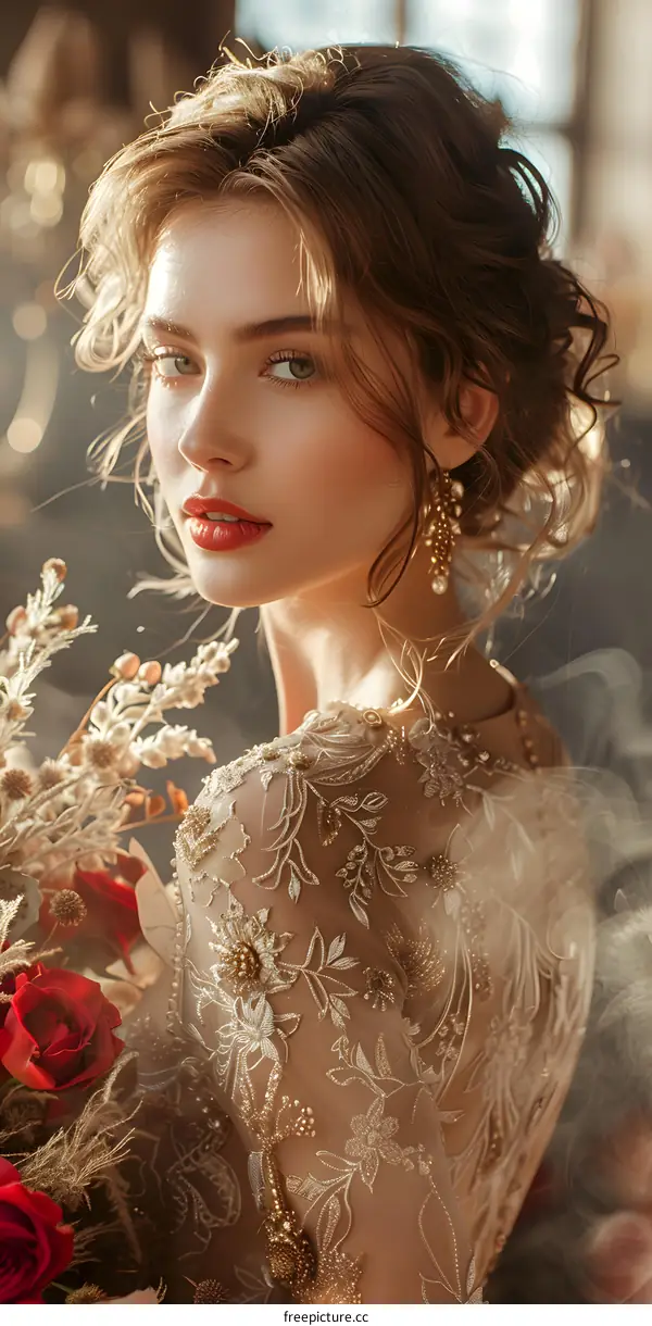 A beautiful blonde woman in a gold lace dress holding a bouquet of red roses against a white纱幔 background