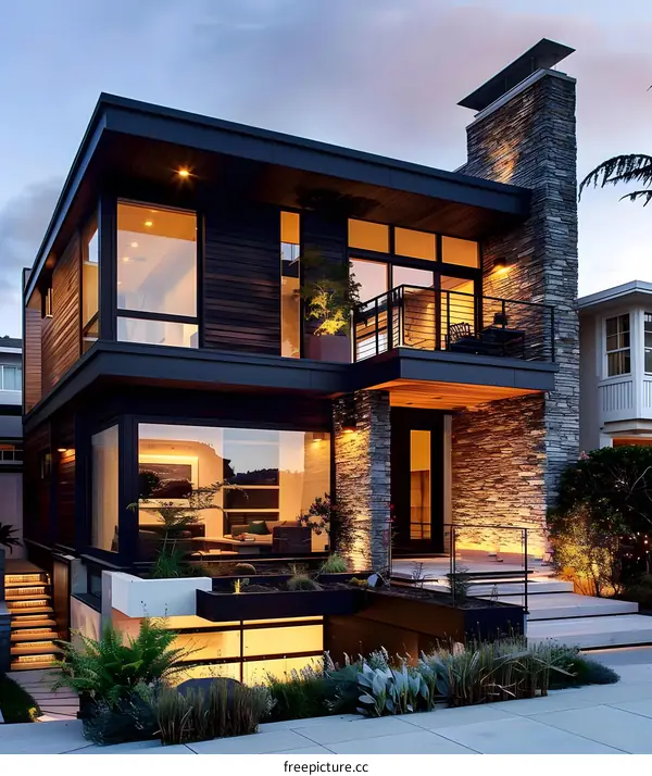 Modern House with Stone Facade and Large Windows