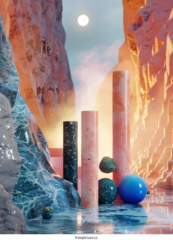 Surreal and Abstract Landscape with Geometric Marble Patterns