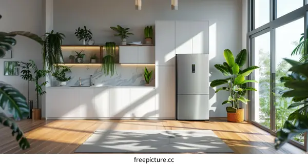 Modern Kitchen with Silver Refrigerator and Greenery