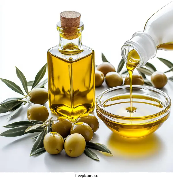 Olive Oil Pouring into a Bowl with Olives