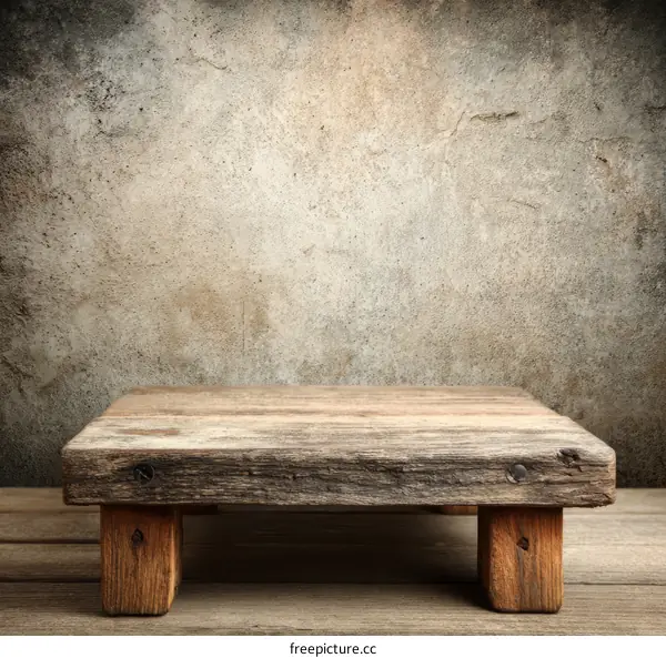 Rustic Wooden Table Top Against Grungy Wall