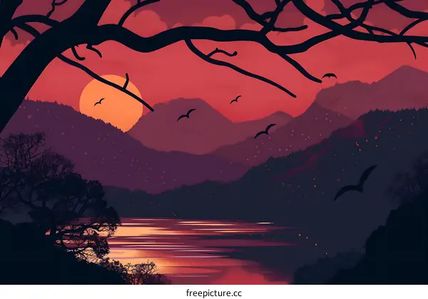 Sunset Over Mountains and Lake with Birds Flying