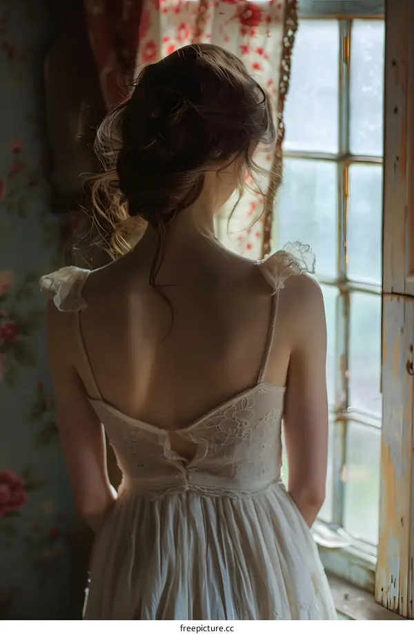 A woman wearing a white dress is standing in front of a window.