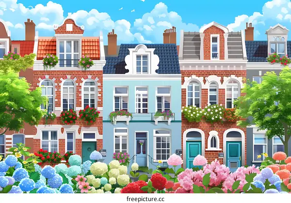Beautiful European Style Townhouses with Blooming Flowers