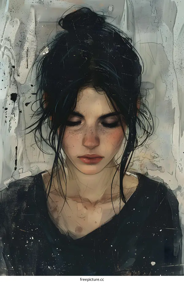 Woman with Closed Eyes in Watercolor Portrait