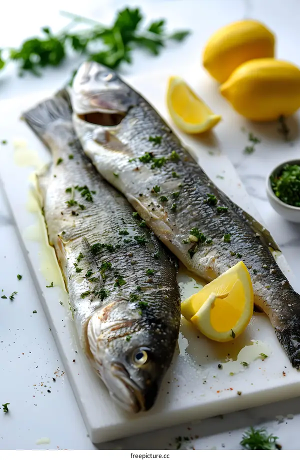 Two raw sea bass fish with lemon and herbs on a marble board
