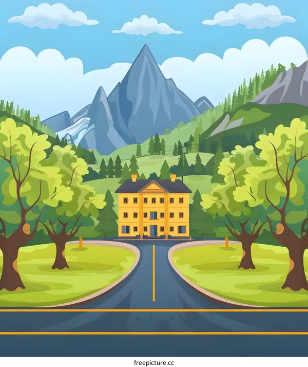 Yellow House in Mountain Landscape with Road