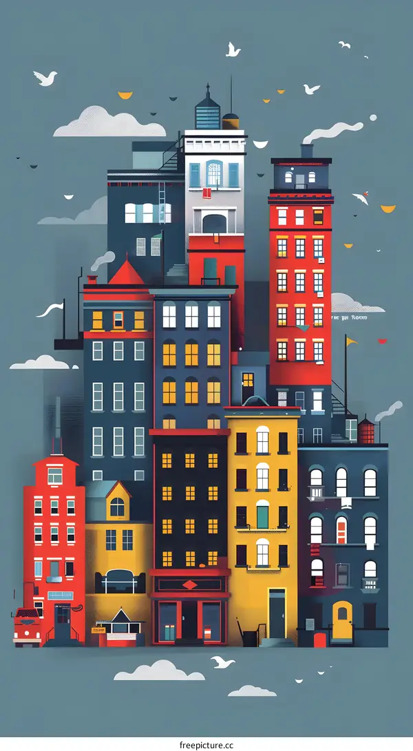 Colorful Cityscape Illustration with Buildings and Birds
