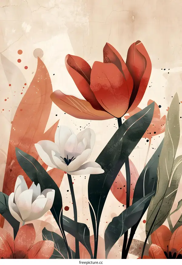 Floral Abstract Illustration with Red and White Tulips