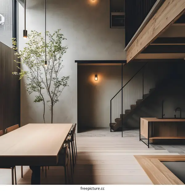 Modern Minimalist Interior Design with Wooden Flooring and Staircase