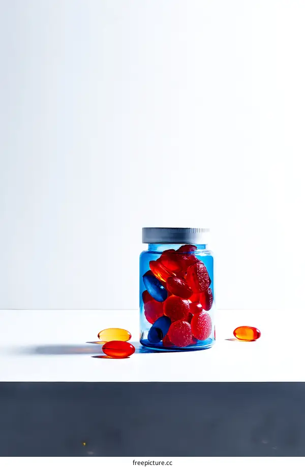 Colorful Vitamins and Supplements in a Blue Bottle