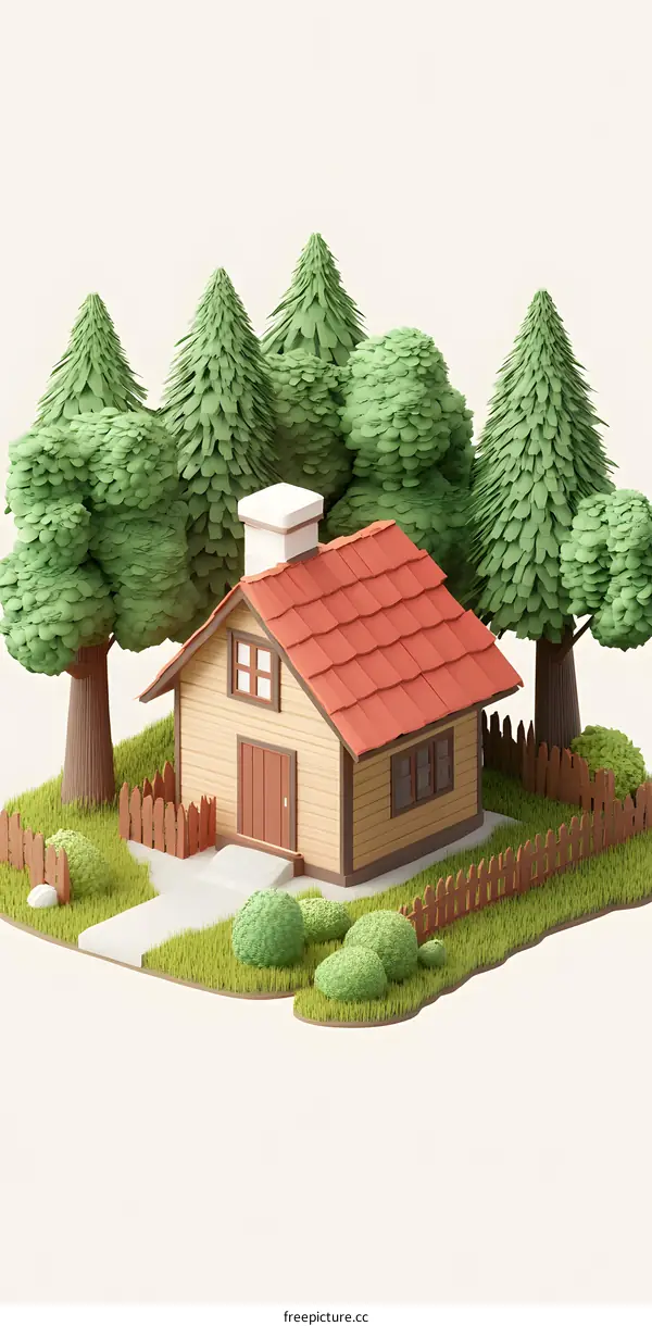 Low Poly 3D Rendered Cottage With Green Trees