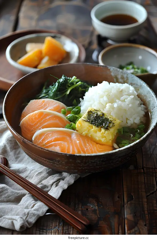 Salmon and spinach soup with rice
