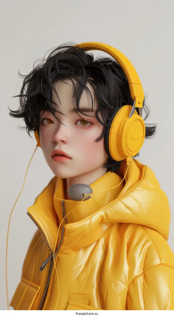 3D Illustration of a young boy wearing yellow headphones and a yellow jacket