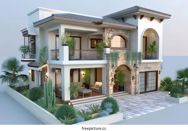 Mediterranean Style Two-Story House Design Illustration