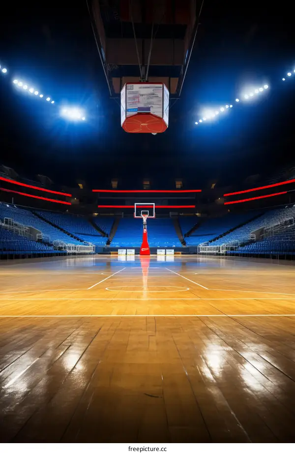 Basketball court with blue seats and red goal