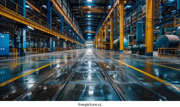 The interior of a large empty factory building
