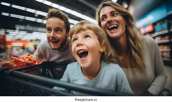 Family shopping happily in supermarket