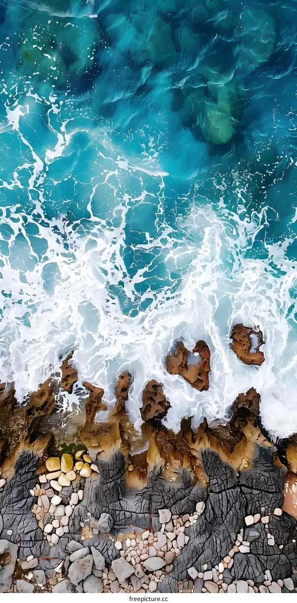 Aerial View of Ocean Waves Crashing on Rocky Shore