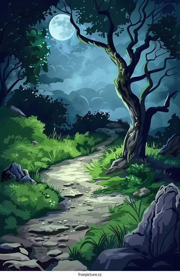 Forest Path Under Moonlight Illustration
