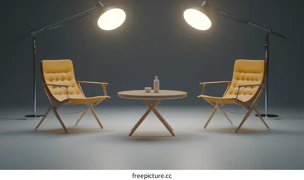 Two Yellow Chairs and a Table with a Bottle and a Cup on a Gray Background