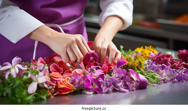 Chef carefully cutting and arranging flowers for a dish