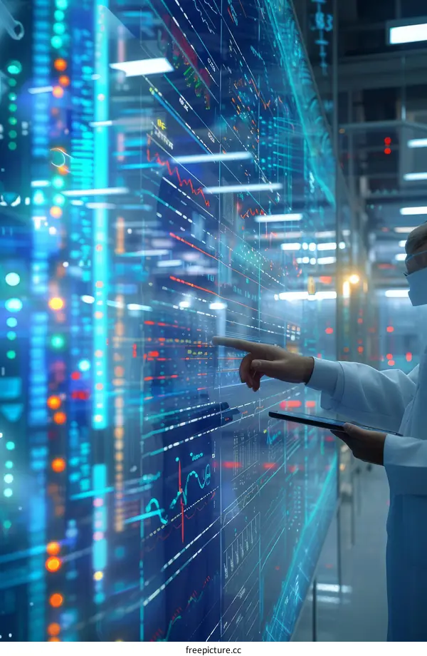 Scientist analyzing data on futuristic touch screen