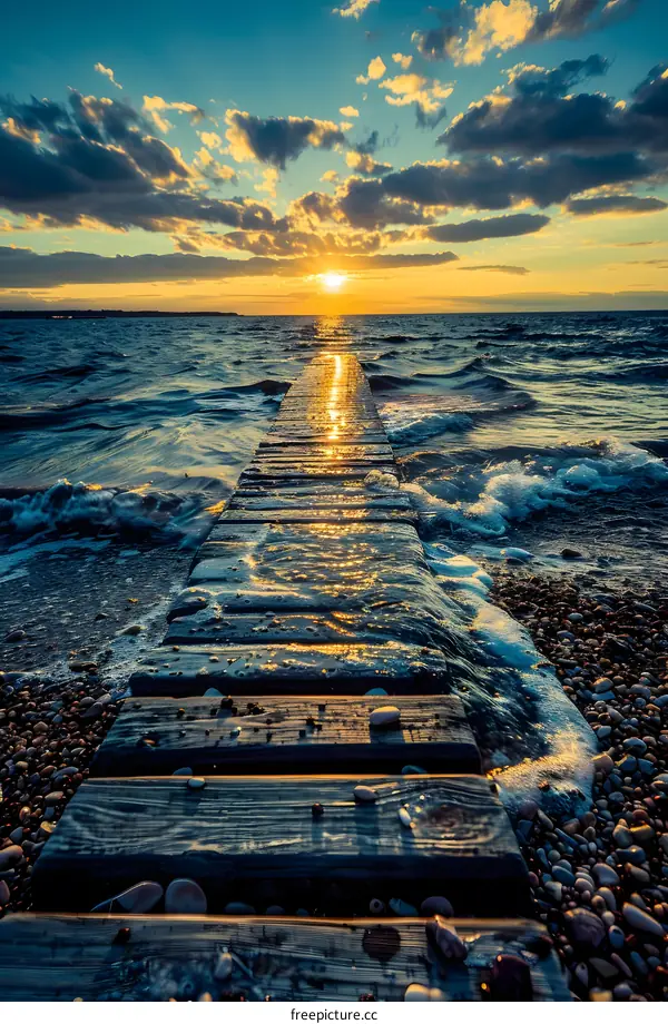 Wooden Pier Extending into the Ocean at Sunset