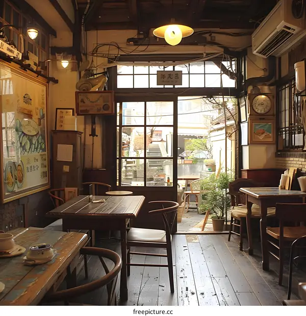 An atmospheric picture of a retro cafe with a view of the courtyard