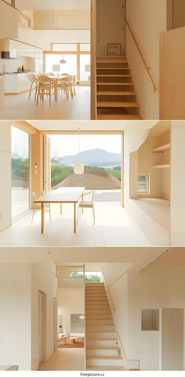 Modern Minimalist Japanese House Interior Design with Wooden Stairs and Large Windows
