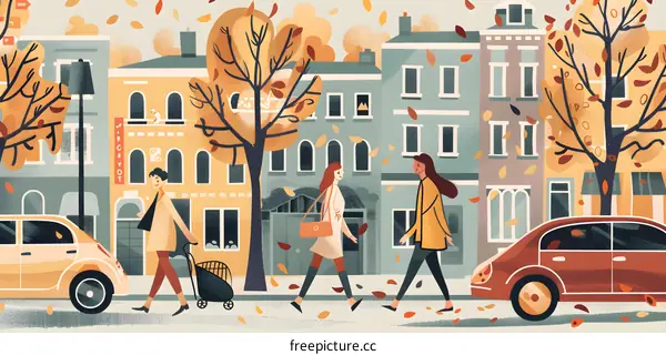 Autumn Day in the City with People Walking