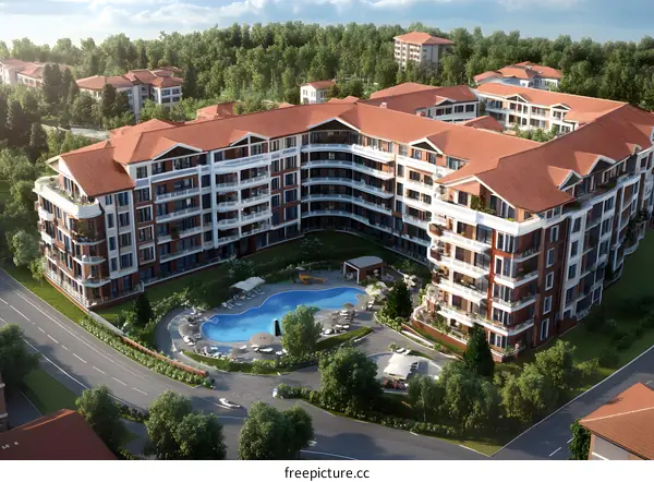 Aerial View of Luxury Apartment Complex with Swimming Pool